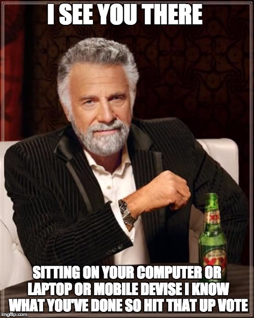 The Most Interesting Man In The World | I SEE YOU THERE SITTING ON YOUR COMPUTER OR LAPTOP OR MOBILE DEVISE I KNOW WHAT YOU'VE DONE SO HIT THAT UP VOTE | image tagged in memes,the most interesting man in the world | made w/ Imgflip meme maker