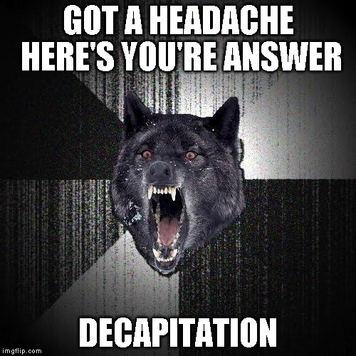 Insanity Wolf | GOT A HEADACHE HERE'S YOU'RE ANSWER DECAPITATION | image tagged in memes,insanity wolf | made w/ Imgflip meme maker