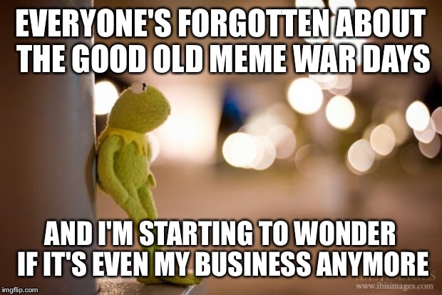 Kermit Reflecting  | EVERYONE'S FORGOTTEN ABOUT THE GOOD OLD MEME WAR DAYS AND I'M STARTING TO WONDER IF IT'S EVEN MY BUSINESS ANYMORE | image tagged in kermit reflecting  | made w/ Imgflip meme maker