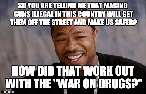 Yo Dawg Heard You | SO YOU ARE TELLING ME THAT MAKING GUNS ILLEGAL IN THIS COUNTRY WILL GET THEM OFF THE STREET AND MAKE US SAFER? HOW DID THAT WORK OUT WITH TH | image tagged in memes,yo dawg heard you | made w/ Imgflip meme maker