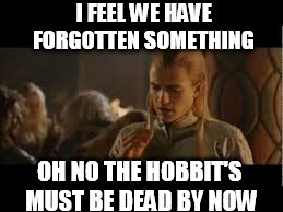 I FEEL WE HAVE FORGOTTEN SOMETHING OH NO THE HOBBIT'S MUST BE DEAD BY NOW | made w/ Imgflip meme maker