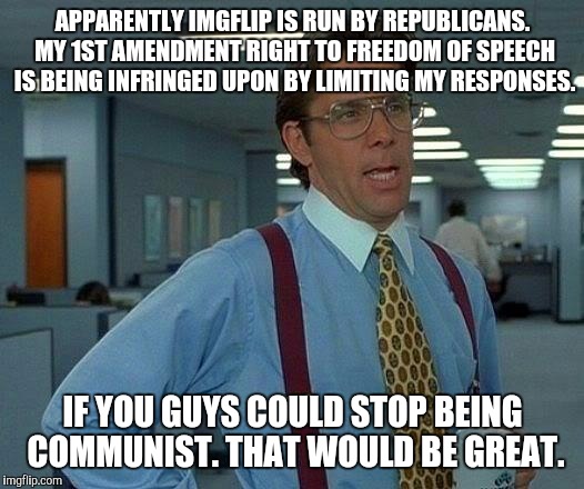 That Would Be Great Meme | APPARENTLY IMGFLIP IS RUN BY REPUBLICANS. MY 1ST AMENDMENT RIGHT TO FREEDOM OF SPEECH IS BEING INFRINGED UPON BY LIMITING MY RESPONSES. IF Y | image tagged in memes,that would be great | made w/ Imgflip meme maker