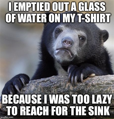 Confession Bear | I EMPTIED OUT A GLASS OF WATER ON MY T-SHIRT BECAUSE I WAS TOO LAZY TO REACH FOR THE SINK | image tagged in memes,confession bear | made w/ Imgflip meme maker