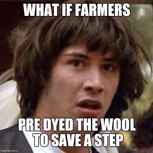 Conspiracy Keanu Meme | WHAT IF FARMERS PRE DYED THE WOOL TO SAVE A STEP | image tagged in memes,conspiracy keanu | made w/ Imgflip meme maker