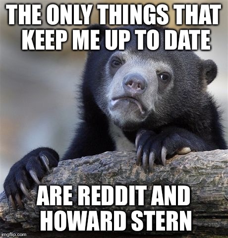 Confession Bear | THE ONLY THINGS THAT KEEP ME UP TO DATE ARE REDDIT AND HOWARD STERN | image tagged in memes,confession bear,AdviceAnimals | made w/ Imgflip meme maker