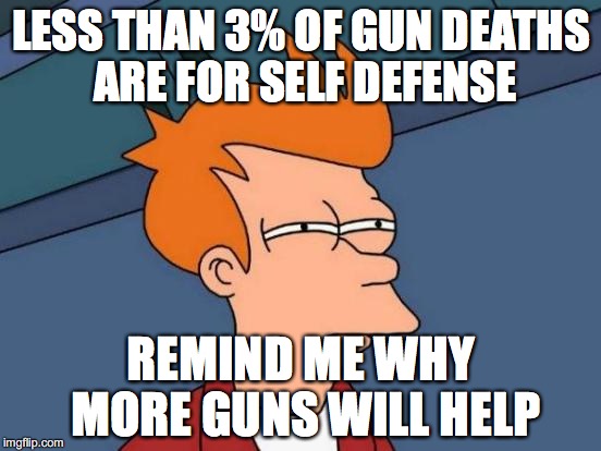 Guns aren't actually used for self-defense. | LESS THAN 3% OF GUN DEATHS ARE FOR SELF DEFENSE REMIND ME WHY MORE GUNS WILL HELP | image tagged in memes,futurama fry | made w/ Imgflip meme maker