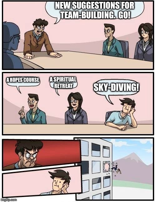 Boardroom Meeting Suggestion | NEW SUGGESTIONS FOR TEAM-BUILDING.  GO! A ROPES COURSE A SPIRITUAL RETREAT SKY-DIVING! | image tagged in memes,boardroom meeting suggestion | made w/ Imgflip meme maker