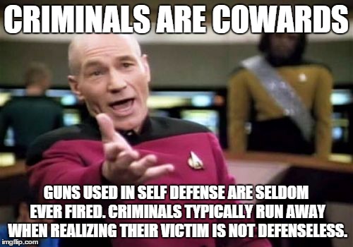 Picard Wtf Meme | CRIMINALS ARE COWARDS GUNS USED IN SELF DEFENSE ARE SELDOM EVER FIRED. CRIMINALS TYPICALLY RUN AWAY WHEN REALIZING THEIR VICTIM IS NOT DEFEN | image tagged in memes,picard wtf | made w/ Imgflip meme maker