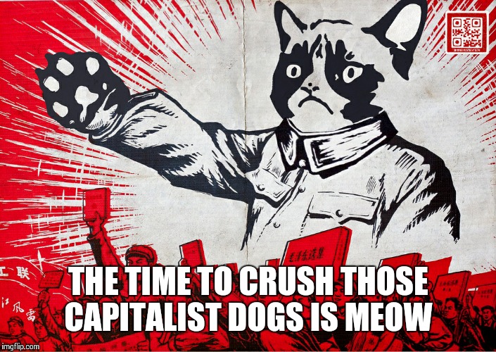 Chairman Meow Motivational | THE TIME TO CRUSH THOSE CAPITALIST DOGS IS MEOW | image tagged in chairman meow motivational | made w/ Imgflip meme maker