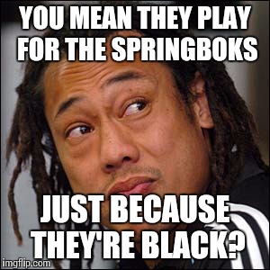 Rugby | YOU MEAN THEY PLAY FOR THE SPRINGBOKS JUST BECAUSE THEY'RE BLACK? | image tagged in rugby | made w/ Imgflip meme maker