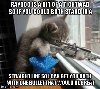 RAYDOG IS A BIT OF A TIGHTWAD SO IF YOU COULD BOTH STAND IN A STRAIGHT LINE SO I CAN GET YOU BOTH WITH ONE BULLET THAT WOULD BE GREAT | made w/ Imgflip meme maker