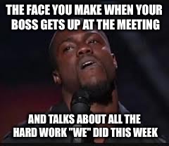 Kevin Hart | THE FACE YOU MAKE WHEN YOUR BOSS GETS UP AT THE MEETING AND TALKS ABOUT ALL THE HARD WORK "WE" DID THIS WEEK | image tagged in kevin hart | made w/ Imgflip meme maker