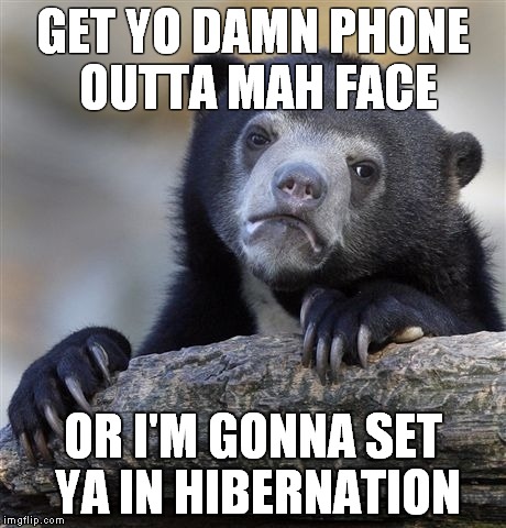 Confession Bear | GET YO DAMN PHONE OUTTA MAH FACE OR I'M GONNA SET YA IN HIBERNATION | image tagged in memes,confession bear | made w/ Imgflip meme maker