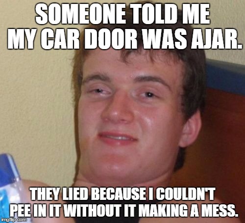 10 Guy | SOMEONE TOLD ME MY CAR DOOR WAS AJAR. THEY LIED BECAUSE I COULDN'T PEE IN IT WITHOUT IT MAKING A MESS. | image tagged in memes,10 guy | made w/ Imgflip meme maker