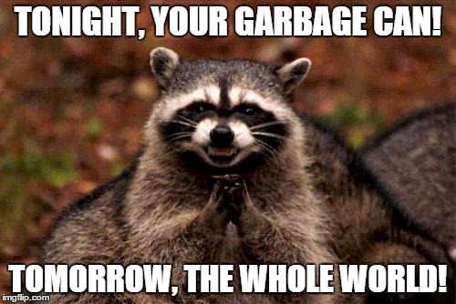 Evil Plotting Raccoon | TONIGHT, YOUR GARBAGE CAN! TOMORROW, THE WHOLE WORLD! | image tagged in memes,evil plotting raccoon | made w/ Imgflip meme maker