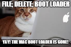 Kitty destroys his MacBook's Boot-up Loader | FILE; DELETE; BOOT LOADER YAY! THE MAC BOOT LOADER IS GONE! | image tagged in funny memes | made w/ Imgflip meme maker