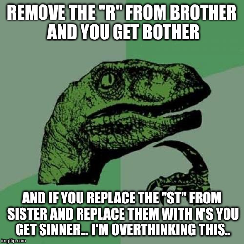 Philosoraptor | REMOVE THE "R" FROM BROTHER AND YOU GET BOTHER AND IF YOU REPLACE THE "ST" FROM SISTER AND REPLACE THEM WITH N'S YOU GET SINNER... I'M OVERT | image tagged in memes,philosoraptor | made w/ Imgflip meme maker