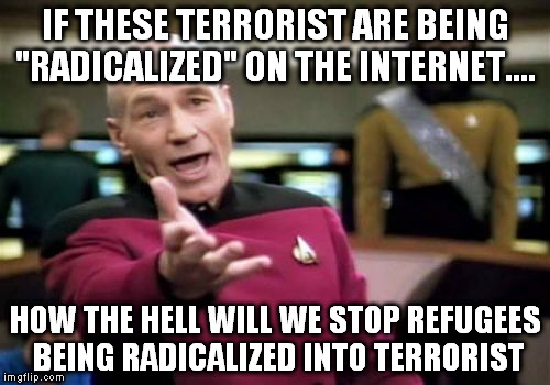 Picard Wtf Meme | IF THESE TERRORIST ARE BEING "RADICALIZED" ON THE INTERNET.... HOW THE HELL WILL WE STOP REFUGEES BEING RADICALIZED INTO TERRORIST | image tagged in memes,picard wtf | made w/ Imgflip meme maker