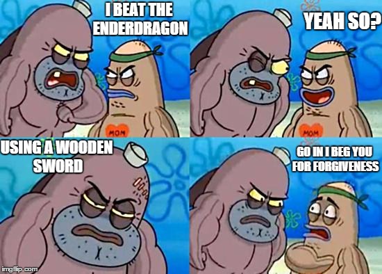 Welcome to the Salty Spitoon | I BEAT THE ENDERDRAGON YEAH SO? USING A WOODEN SWORD GO IN I BEG YOU FOR FORGIVENESS | image tagged in welcome to the salty spitoon | made w/ Imgflip meme maker