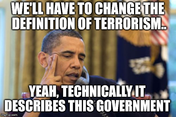 wazzzzuuup | WE'LL HAVE TO CHANGE THE DEFINITION OF TERRORISM.. YEAH, TECHNICALLY IT DESCRIBES THIS GOVERNMENT | image tagged in obama,terrorism | made w/ Imgflip meme maker