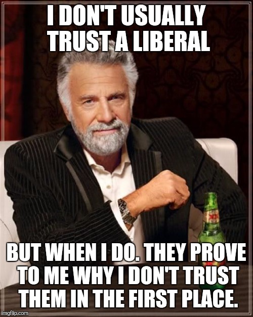 The Most Interesting Man In The World | I DON'T USUALLY TRUST A LIBERAL BUT WHEN I DO. THEY PROVE TO ME WHY I DON'T TRUST THEM IN THE FIRST PLACE. | image tagged in memes,the most interesting man in the world | made w/ Imgflip meme maker