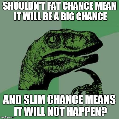 Philosoraptor | SHOULDN'T FAT CHANCE MEAN IT WILL BE A BIG CHANCE AND SLIM CHANCE MEANS IT WILL NOT HAPPEN? | image tagged in memes,philosoraptor | made w/ Imgflip meme maker