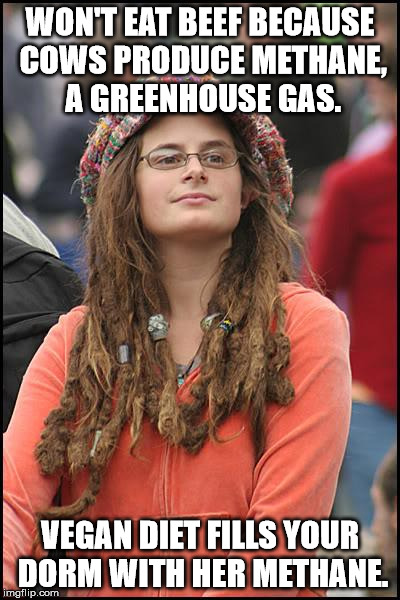 college liberal methane | WON'T EAT BEEF BECAUSE COWS PRODUCE METHANE, A GREENHOUSE GAS. VEGAN DIET FILLS YOUR DORM WITH HER METHANE. | image tagged in memes,college liberal | made w/ Imgflip meme maker
