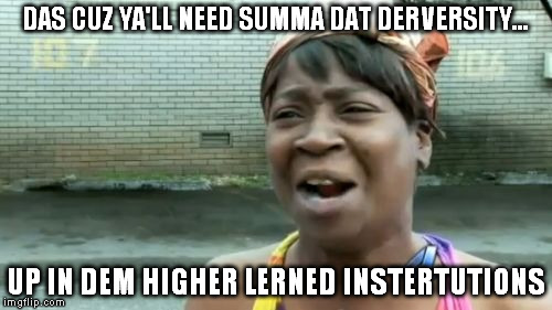 Ain't Nobody Got Time For That Meme | DAS CUZ YA'LL NEED SUMMA DAT DERVERSITY... UP IN DEM HIGHER LERNED INSTERTUTIONS | image tagged in memes,aint nobody got time for that | made w/ Imgflip meme maker