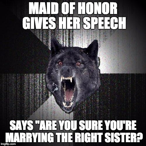 Insanity Wolf Meme | MAID OF HONOR GIVES HER SPEECH SAYS "ARE YOU SURE YOU'RE MARRYING THE RIGHT SISTER? | image tagged in memes,insanity wolf,AdviceAnimals | made w/ Imgflip meme maker