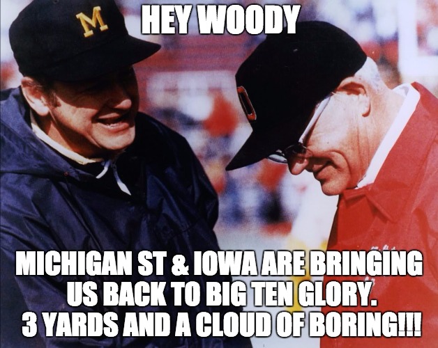 Woody and Bo | HEY WOODY MICHIGAN ST & IOWA ARE BRINGING US BACK TO BIG TEN GLORY. 3 YARDS AND A CLOUD OF BORING!!! | image tagged in michigan,wolverine,buckeyes,ohio state,college football,ohio | made w/ Imgflip meme maker