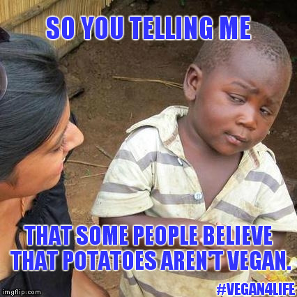 Patatoes | SO YOU TELLING ME THAT SOME PEOPLE BELIEVE THAT POTATOES AREN'T VEGAN. #VEGAN4LIFE | image tagged in memes,third world skeptical kid,vegan,vegan4life | made w/ Imgflip meme maker