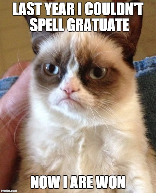 Grumpy Cat | LAST YEAR I COULDN'T SPELL GRATUATE NOW I ARE WON | image tagged in memes,grumpy cat | made w/ Imgflip meme maker
