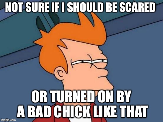 Futurama Fry Meme | NOT SURE IF I SHOULD BE SCARED OR TURNED ON BY A BAD CHICK LIKE THAT | image tagged in memes,futurama fry | made w/ Imgflip meme maker