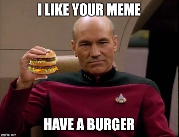 Picard with Big Mac | I LIKE YOUR MEME HAVE A BURGER | image tagged in picard with big mac | made w/ Imgflip meme maker