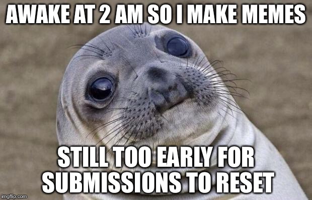 Awkward Moment Sealion | AWAKE AT 2 AM SO I MAKE MEMES STILL TOO EARLY FOR SUBMISSIONS TO RESET | image tagged in memes,awkward moment sealion | made w/ Imgflip meme maker