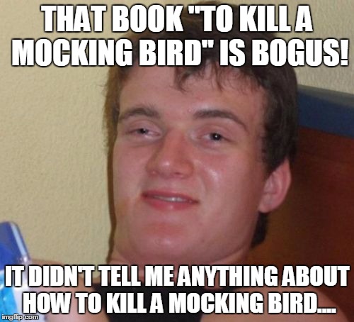 10 Guy Meme | THAT BOOK "TO KILL A MOCKING BIRD" IS BOGUS! IT DIDN'T TELL ME ANYTHING ABOUT HOW TO KILL A MOCKING BIRD.... | image tagged in memes,10 guy | made w/ Imgflip meme maker