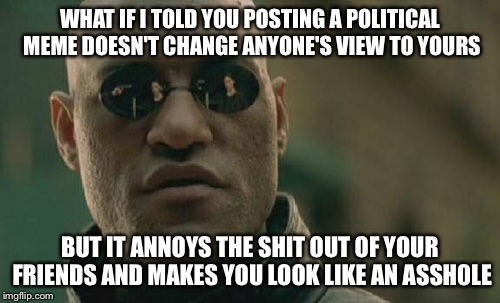 Matrix Morpheus | WHAT IF I TOLD YOU POSTING A POLITICAL MEME DOESN'T CHANGE ANYONE'S VIEW TO YOURS BUT IT ANNOYS THE SHlT OUT OF YOUR FRIENDS AND MAKES YOU L | image tagged in memes,matrix morpheus | made w/ Imgflip meme maker