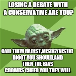 Advice Yoda Meme | LOSING A DEBATE WITH A CONSERVATIVE ARE YOU? CALL THEM RACIST,MISOGYNISTIC BIGOT YOU SHOULD,AND THEN THE BIAS CROWDS CHEER YOU THEY WILL | image tagged in memes,advice yoda | made w/ Imgflip meme maker