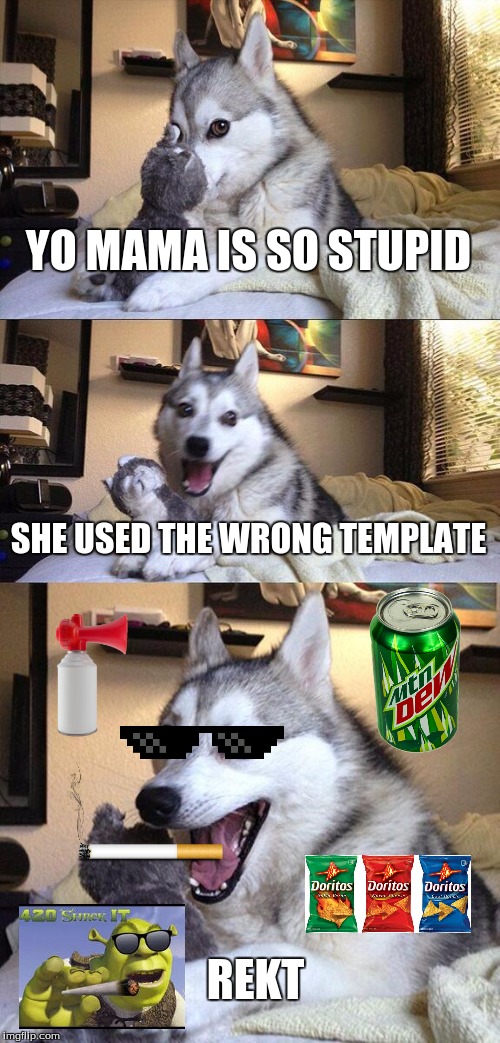 Bad Pun Dog Meme | YO MAMA IS SO STUPID SHE USED THE WRONG TEMPLATE REKT | image tagged in memes,bad pun dog | made w/ Imgflip meme maker