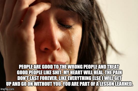 First World Problems | PEOPLE ARE GOOD TO THE WRONG PEOPLE AND TREAT GOOD PEOPLE LIKE SHIT. MY HEART WILL HEAL. THE PAIN DON'T LAST FOREVER. LIKE EVERYTHING ELSE I | image tagged in memes,first world problems | made w/ Imgflip meme maker