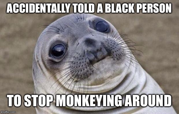 Awkward Moment Sealion Meme | ACCIDENTALLY TOLD A BLACK PERSON TO STOP MONKEYING AROUND | image tagged in memes,awkward moment sealion | made w/ Imgflip meme maker
