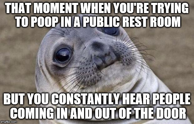Awkward Moment Sealion | THAT MOMENT WHEN YOU'RE TRYING TO POOP IN A PUBLIC REST ROOM BUT YOU CONSTANTLY HEAR PEOPLE COMING IN AND OUT OF THE DOOR | image tagged in memes,awkward moment sealion,pooping | made w/ Imgflip meme maker