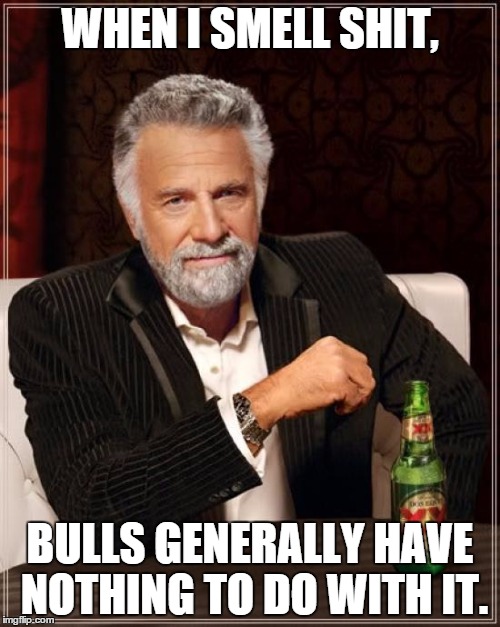 The Most Interesting Man In The World | WHEN I SMELL SHIT, BULLS GENERALLY HAVE NOTHING TO DO WITH IT. | image tagged in memes,the most interesting man in the world | made w/ Imgflip meme maker