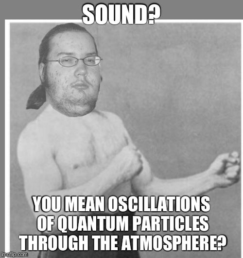 Overly nerdy nerd | SOUND? YOU MEAN OSCILLATIONS OF QUANTUM PARTICLES THROUGH THE ATMOSPHERE? | image tagged in overly nerdy nerd | made w/ Imgflip meme maker