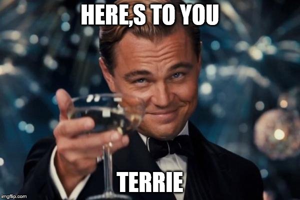 Leonardo Dicaprio Cheers | HERE,S TO YOU TERRIE | image tagged in memes,leonardo dicaprio cheers | made w/ Imgflip meme maker