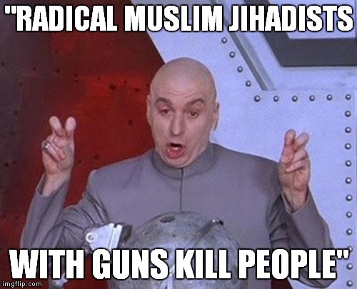 Dr Evil Laser Meme | "RADICAL MUSLIM JIHADISTS WITH GUNS KILL PEOPLE" | image tagged in memes,dr evil laser | made w/ Imgflip meme maker