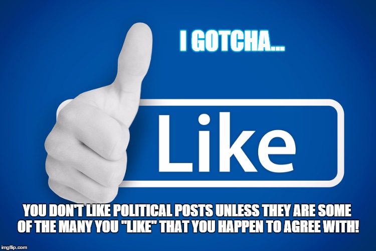 I Gotcha | I GOTCHA... YOU DON'T LIKE POLITICAL POSTS UNLESS THEY ARE SOME OF THE MANY YOU "LIKE" THAT YOU HAPPEN TO AGREE WITH! | image tagged in politics,political meme | made w/ Imgflip meme maker