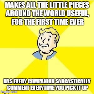 FALLOUT 3 | MAKES ALL THE LITTLE PIECES AROUND THE WORLD USEFUL, FOR THE FIRST TIME EVER HAS EVERY COMPANION SARCASTICALLY COMMENT EVERYTIME YOU PICK IT | image tagged in fallout 3 | made w/ Imgflip meme maker