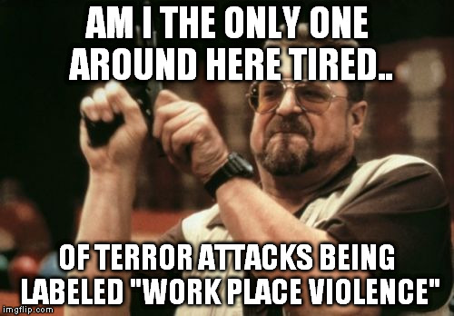 Am I The Only One Around Here | AM I THE ONLY ONE AROUND HERE TIRED.. OF TERROR ATTACKS BEING LABELED "WORK PLACE VIOLENCE" | image tagged in memes,am i the only one around here | made w/ Imgflip meme maker