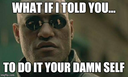 Matrix Morpheus Meme | WHAT IF I TOLD YOU... TO DO IT YOUR DAMN SELF | image tagged in memes,matrix morpheus | made w/ Imgflip meme maker